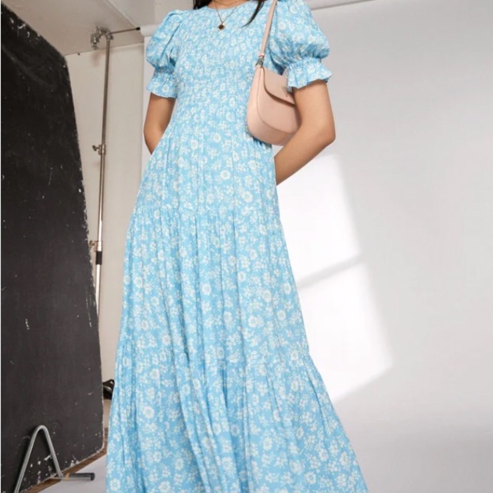 Persephone Shirred Blue Micro Ditsy Floral Dress | KITRI Studio